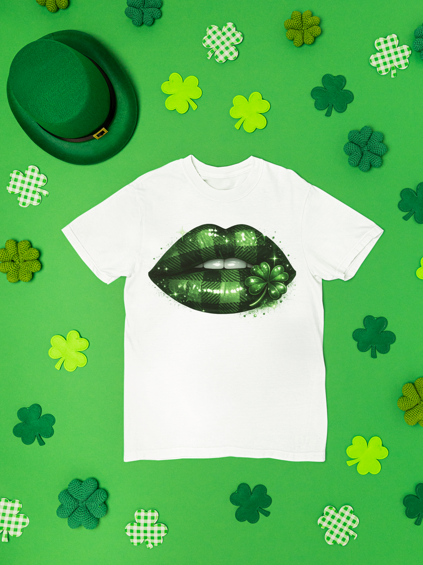Sexy St Patrick’s Day Shirt for Women | Plaid Green Lips with Shamrock Graphic Tee | Lucky Irish Party Shirt | Girls Night Out Holiday Tee
