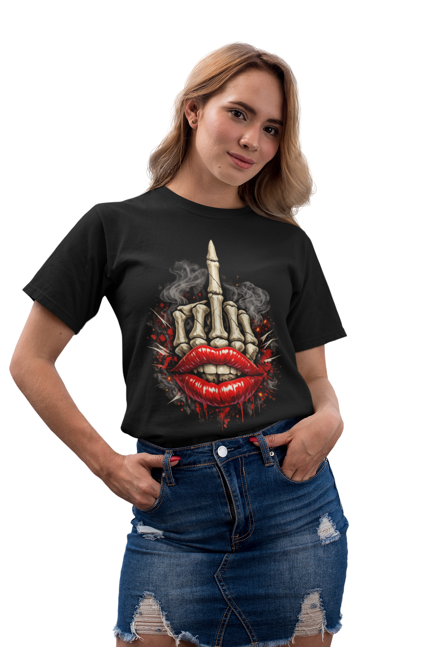 Skeleton Middle Finger Lips Graphic T Shirt – Edgy Streetwear Skull Hand Tee, Bold Rebel Attitude Shirt