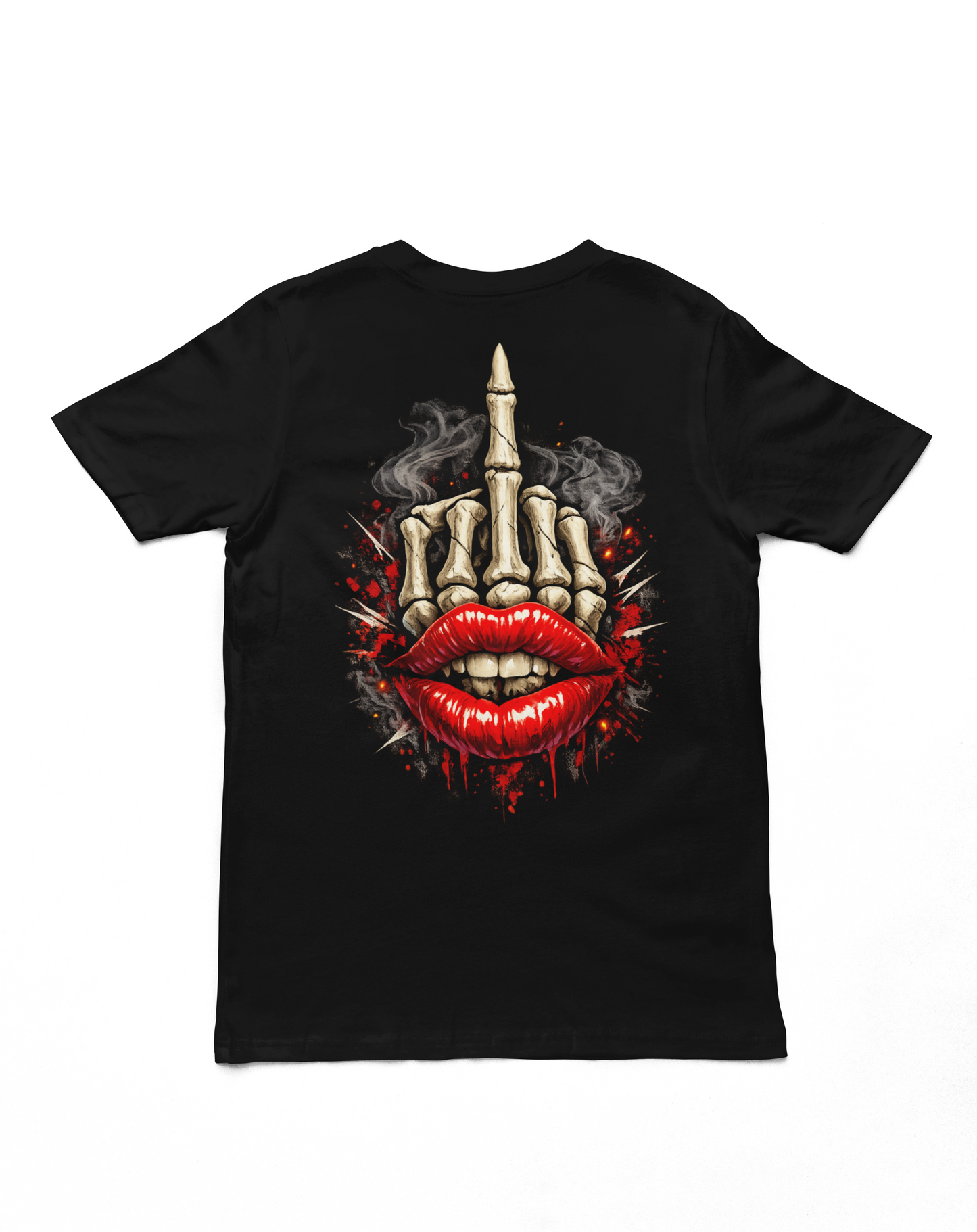 Skeleton Middle Finger Lips Graphic T Shirt – Edgy Streetwear Skull Hand Tee, Bold Rebel Attitude Shirt