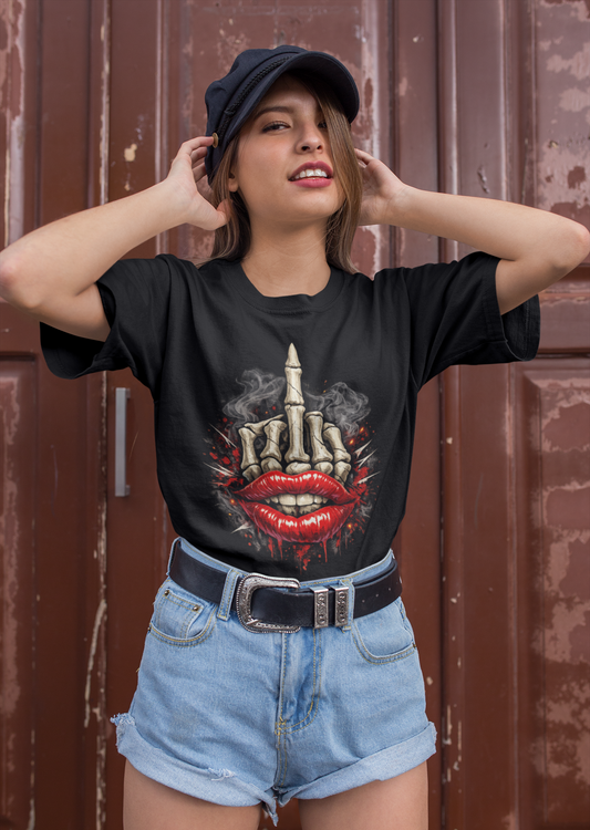Skeleton Middle Finger Lips Graphic T Shirt – Edgy Streetwear Skull Hand Tee, Bold Rebel Attitude Shirt