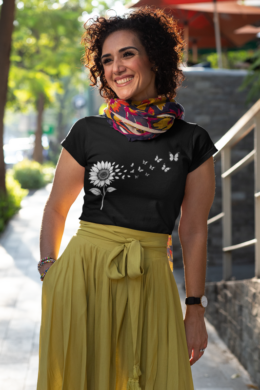 OFFROXBURY Sunflower Butterfly Graphic T-Shirt – Sunflower Transforming Into Butterflies Line Art Tee, Minimalist Nature Shirt for Women