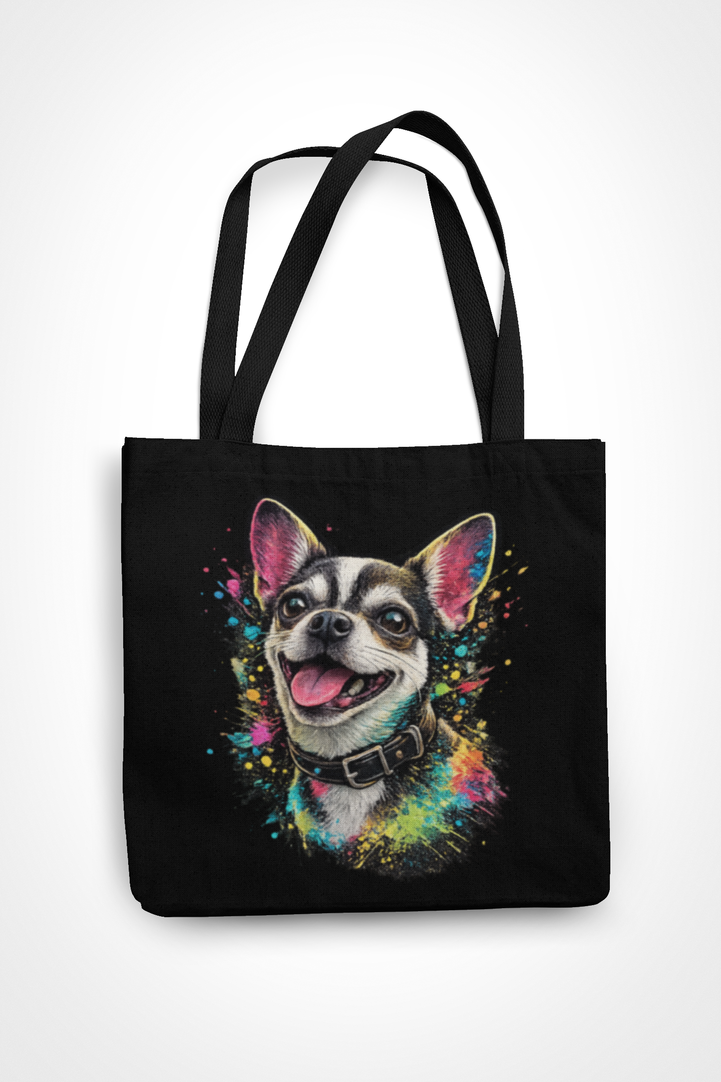 Neon Pop Art Dog Tote Bag – Black Canvas Streetwear Shoulder Bag
