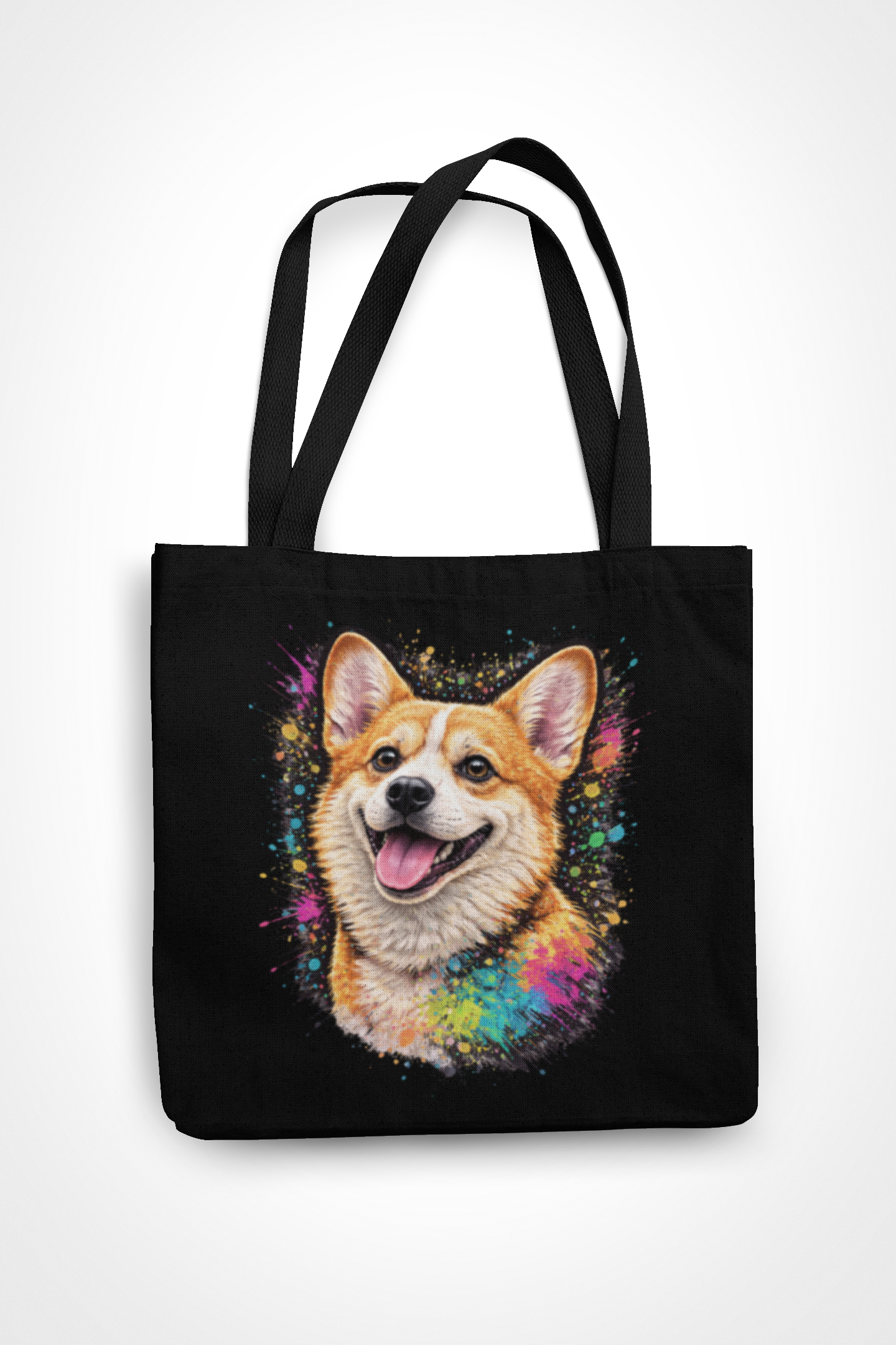 Neon Pop Art Dog Tote Bag – Black Canvas Streetwear Shoulder Bag