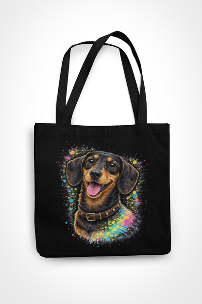 Neon Pop Art Dog Tote Bag – Black Canvas Streetwear Shoulder Bag