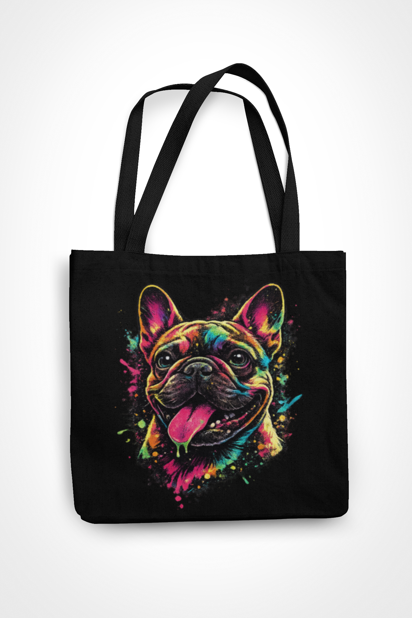 Neon Pop Art Dog Tote Bag – Black Canvas Streetwear Shoulder Bag
