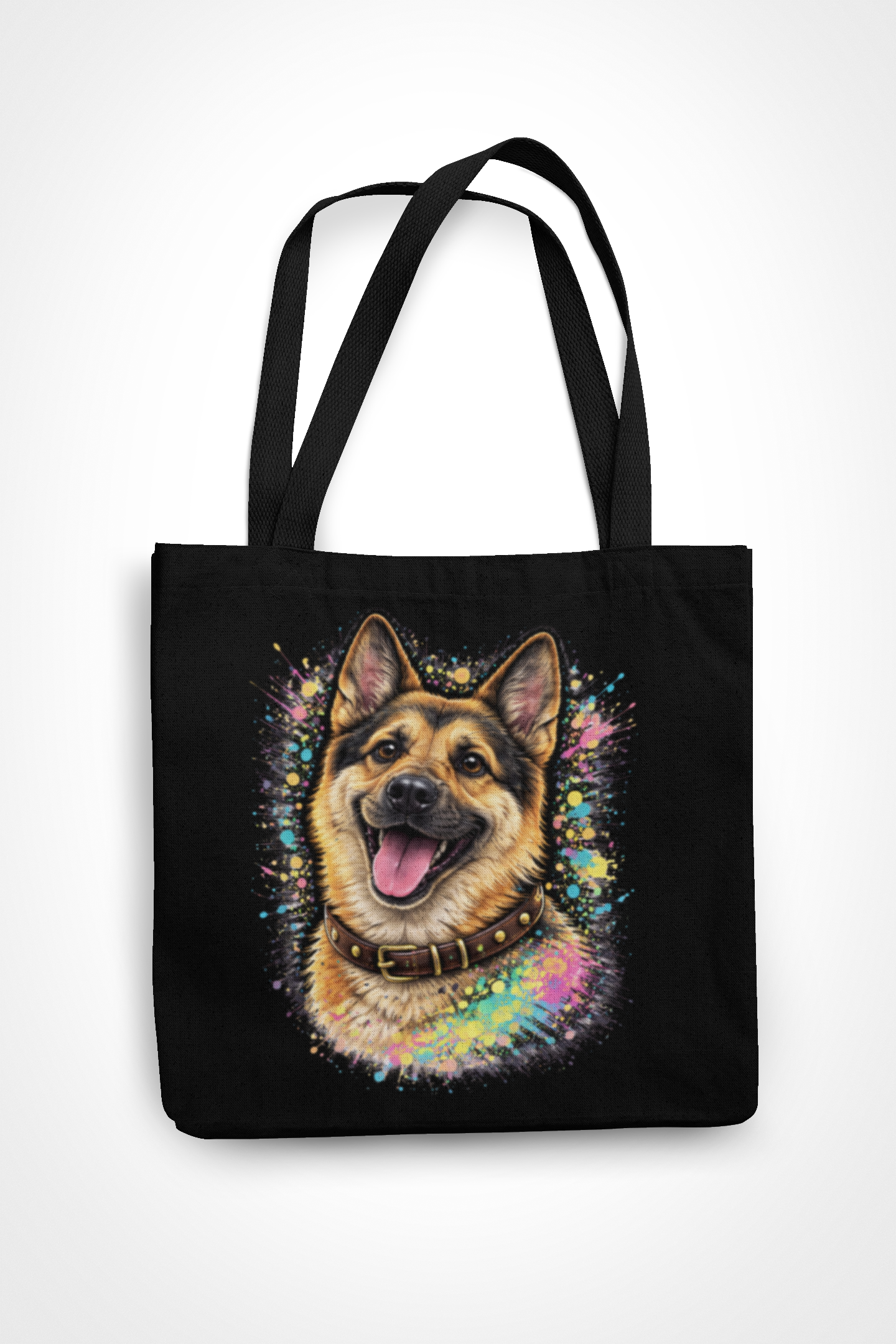 Neon Pop Art Dog Tote Bag – Black Canvas Streetwear Shoulder Bag