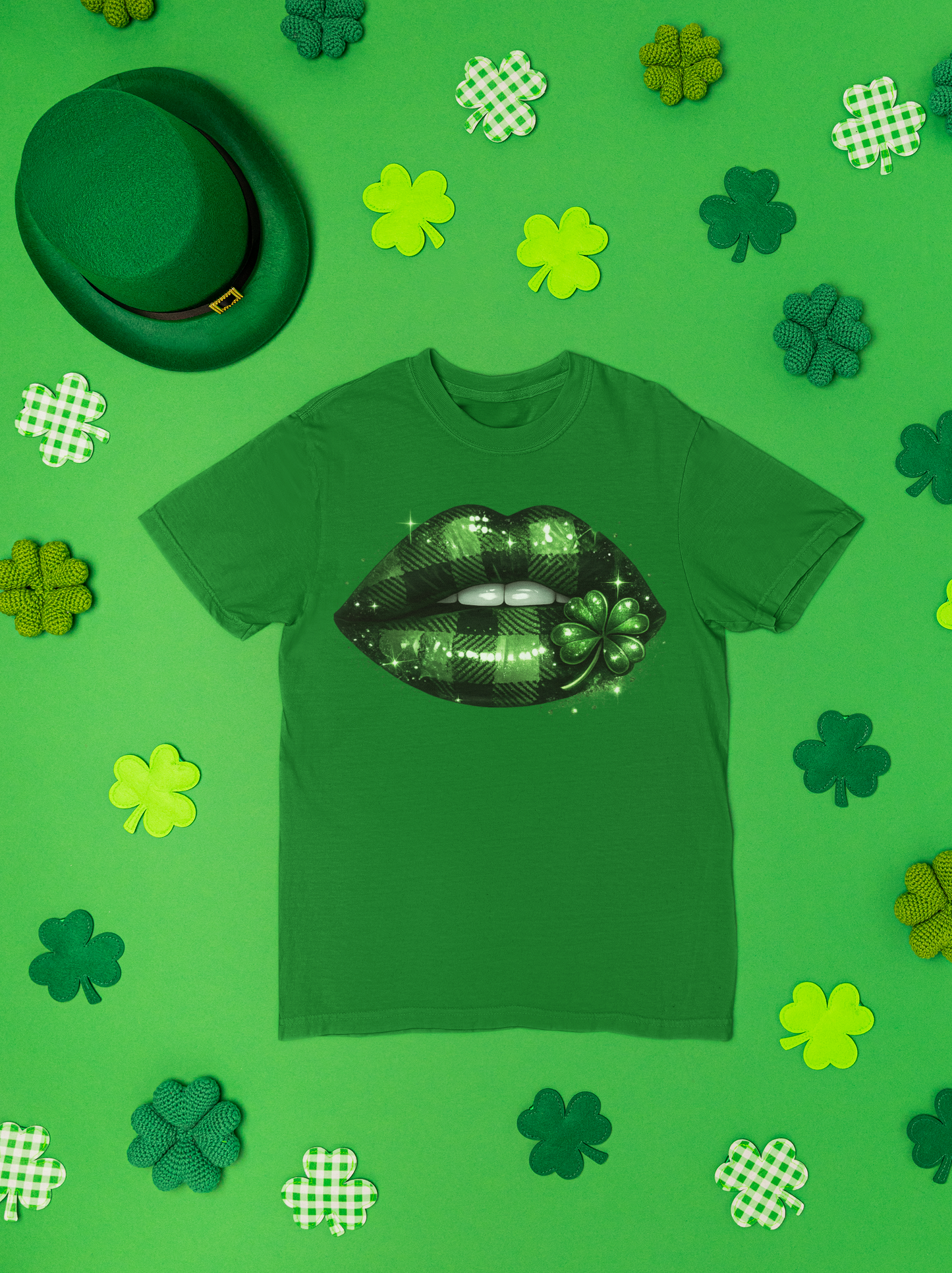 Sexy St Patrick’s Day Shirt for Women | Plaid Green Lips with Shamrock Graphic Tee | Lucky Irish Party Shirt | Girls Night Out Holiday Tee