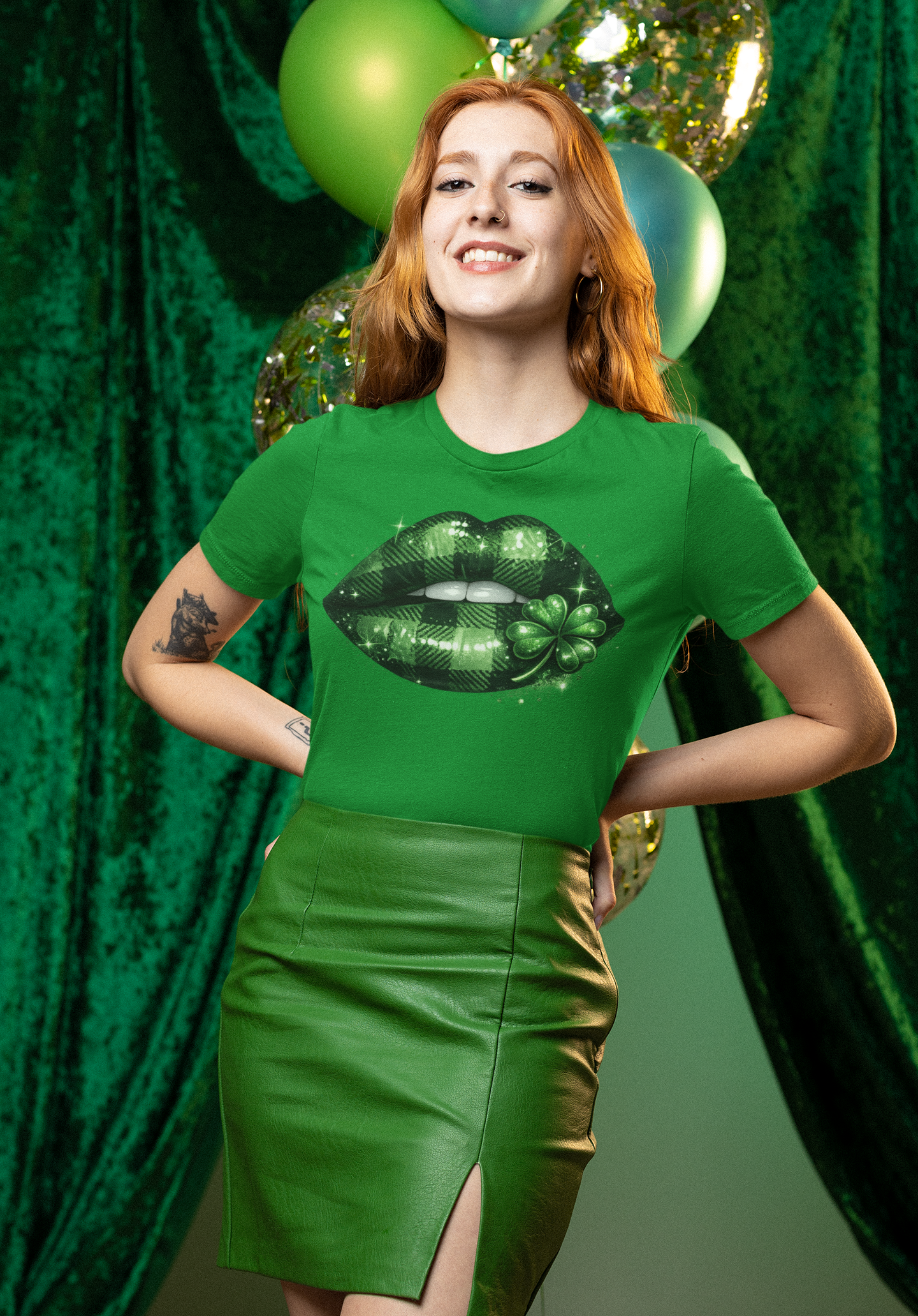 Sexy St Patrick’s Day Shirt for Women | Plaid Green Lips with Shamrock Graphic Tee | Lucky Irish Party Shirt | Girls Night Out Holiday Tee