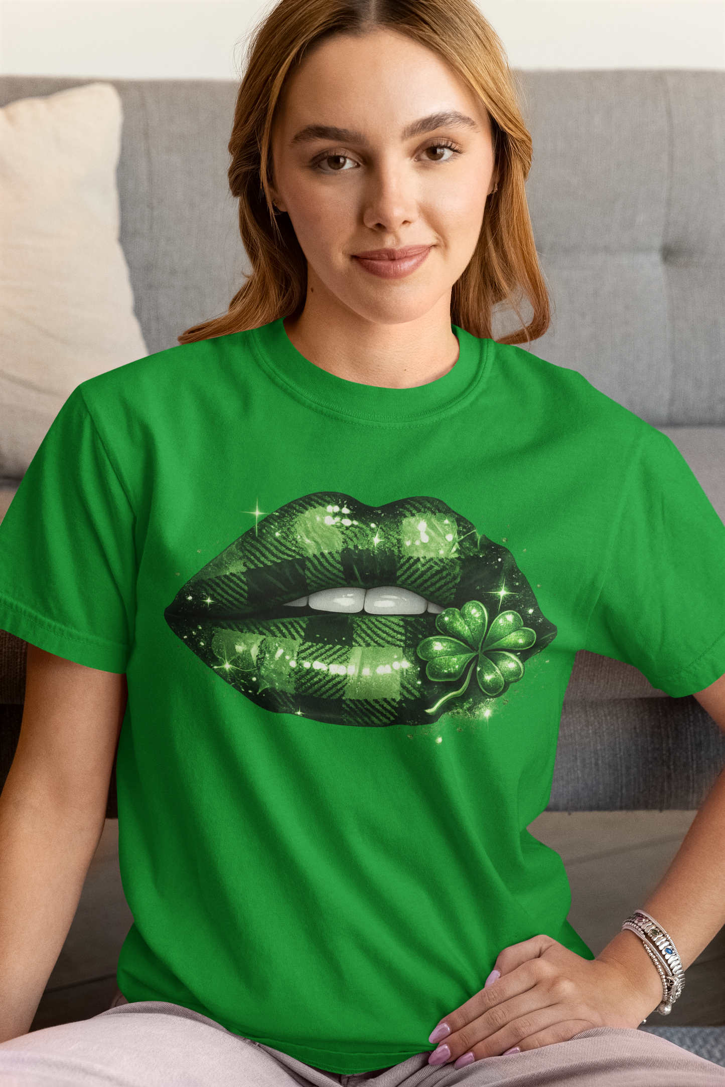 Sexy St Patrick’s Day Shirt for Women | Plaid Green Lips with Shamrock Graphic Tee | Lucky Irish Party Shirt | Girls Night Out Holiday Tee