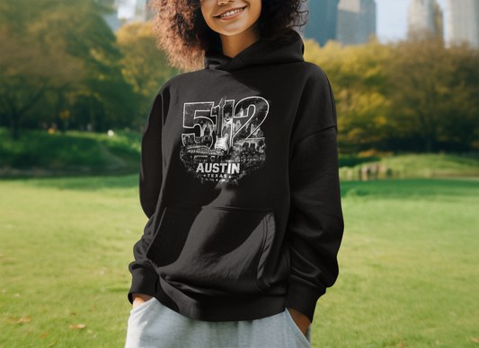 512 Austin Texas Hoodie – Distressed Skyline Graphic Hoodie, Austin Streetwear Pullover, City Pride Sweatshirt