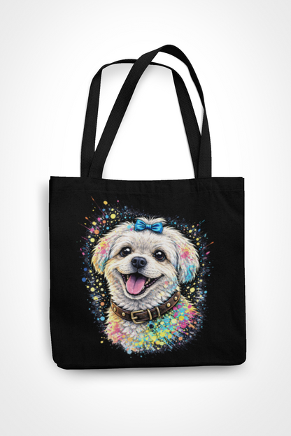 Neon Pop Art Dog Tote Bag – Black Canvas Streetwear Shoulder Bag