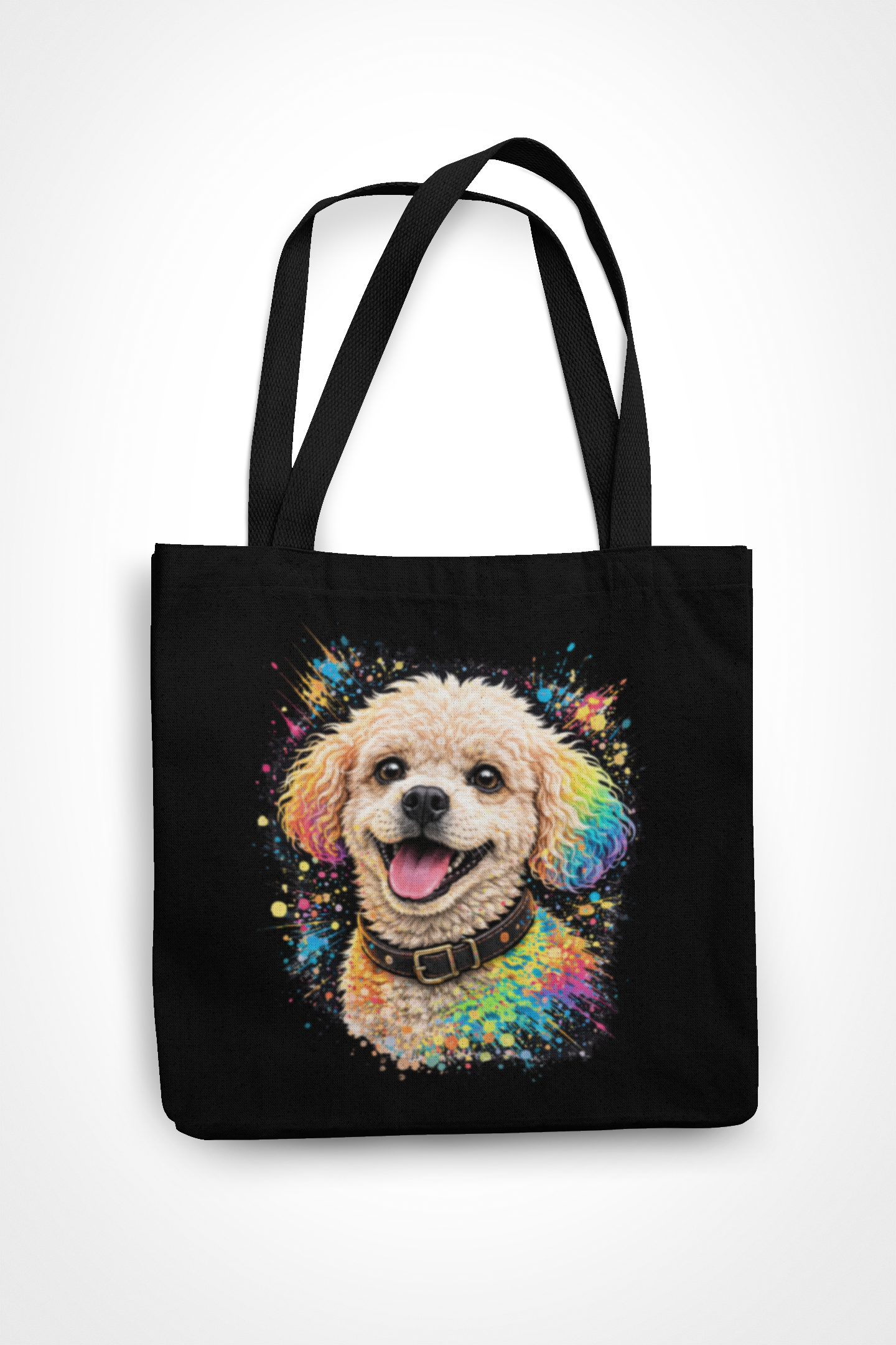Neon Pop Art Dog Tote Bag – Black Canvas Streetwear Shoulder Bag