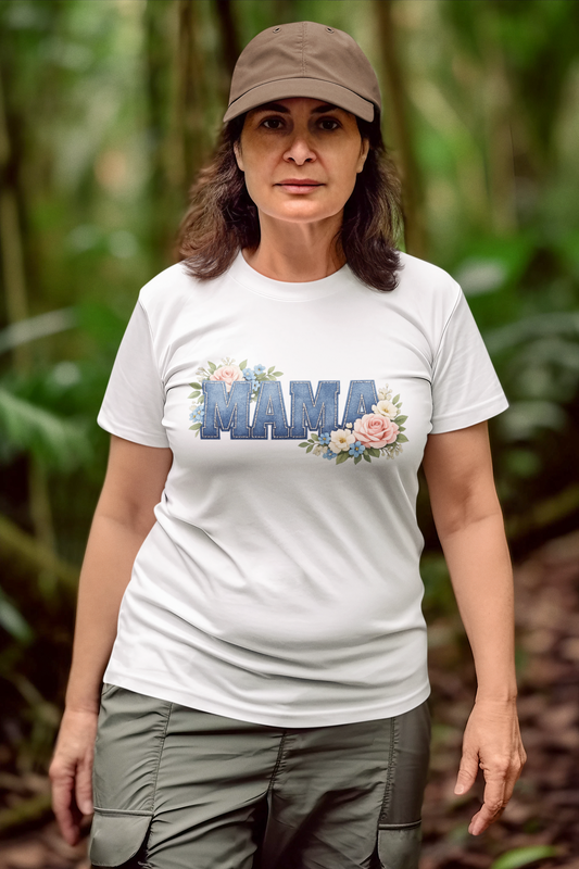 MAMA Floral Denim Shirt, Boutique Mom Graphic Tee, Blue Jean Lettering with Flowers