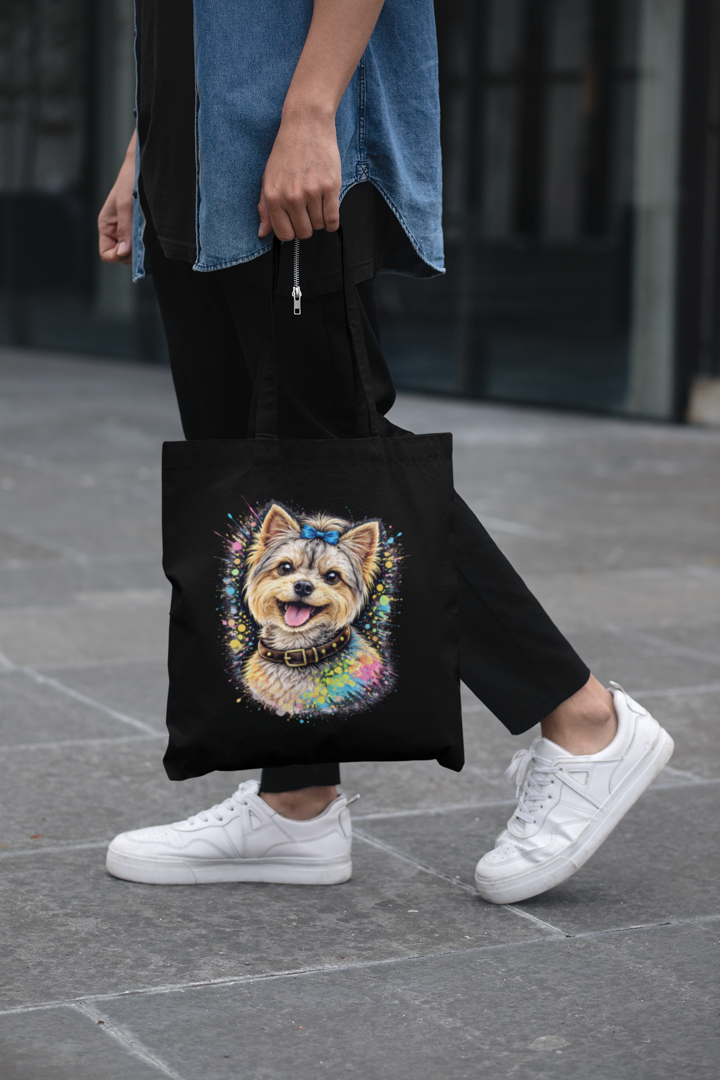 Neon Pop Art Dog Tote Bag – Black Canvas Streetwear Shoulder Bag