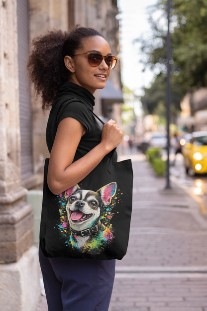 Neon Pop Art Dog Tote Bag – Black Canvas Streetwear Shoulder Bag
