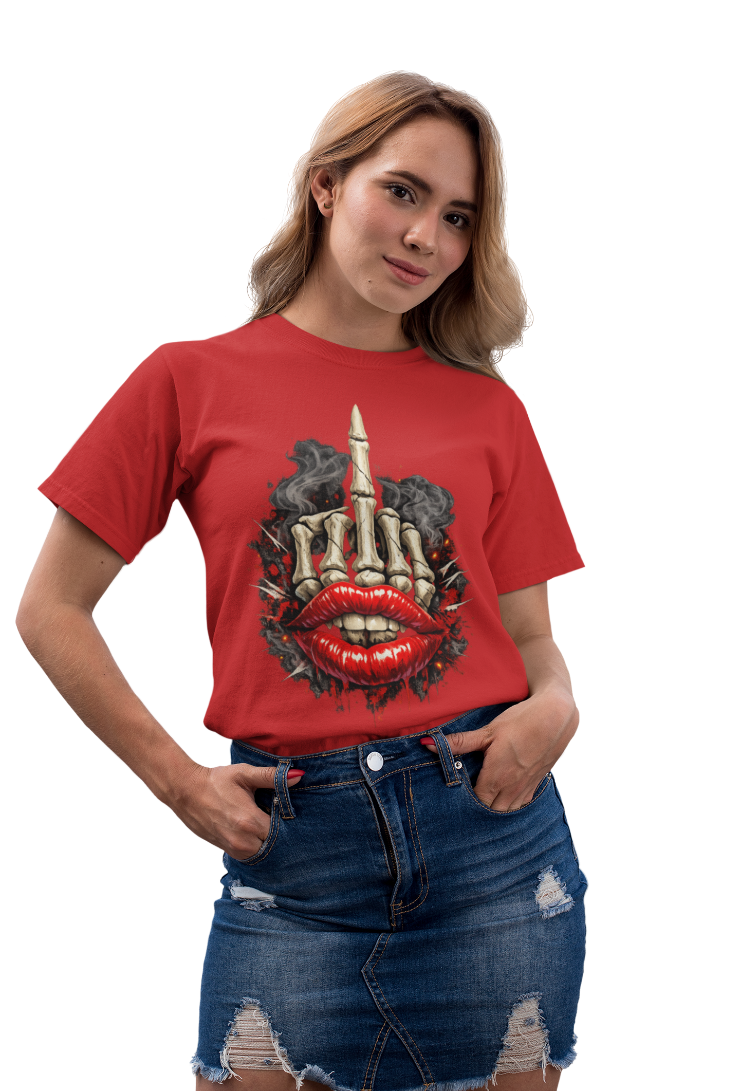 Skeleton Middle Finger Lips Graphic T Shirt – Edgy Streetwear Skull Hand Tee, Bold Rebel Attitude Shirt