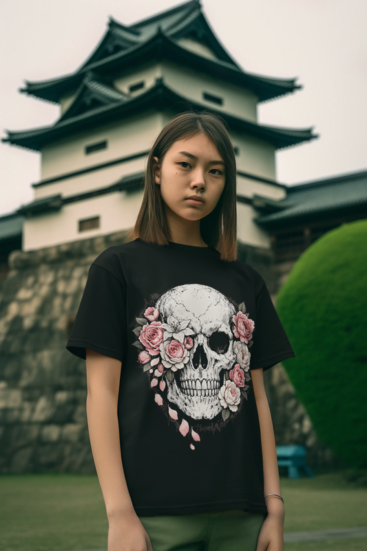 Floral Skull Shirt for Women – White Skull with Pink Roses Peonies Lilies Graphic Tee