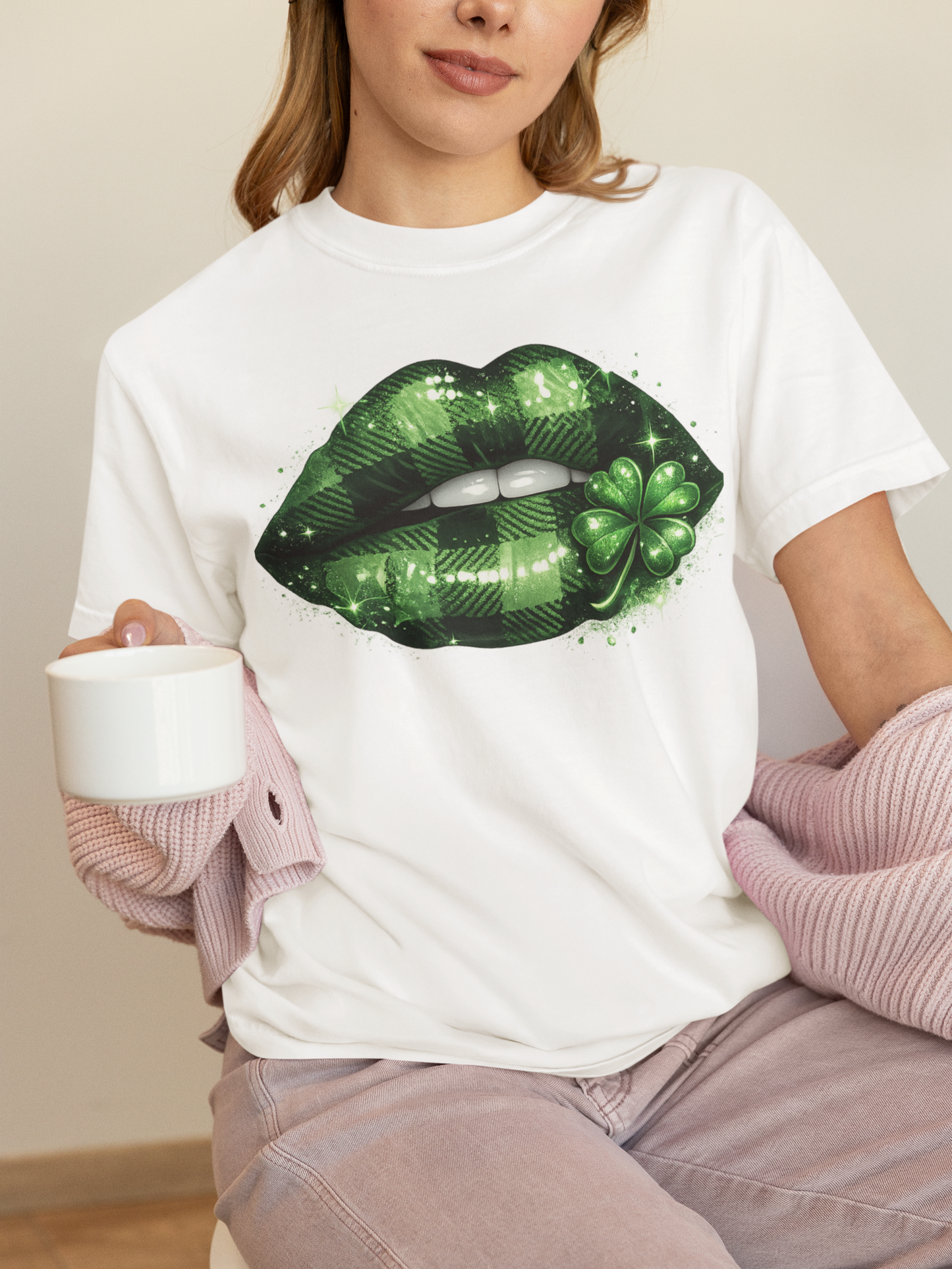 Sexy St Patrick’s Day Shirt for Women | Plaid Green Lips with Shamrock Graphic Tee | Lucky Irish Party Shirt | Girls Night Out Holiday Tee