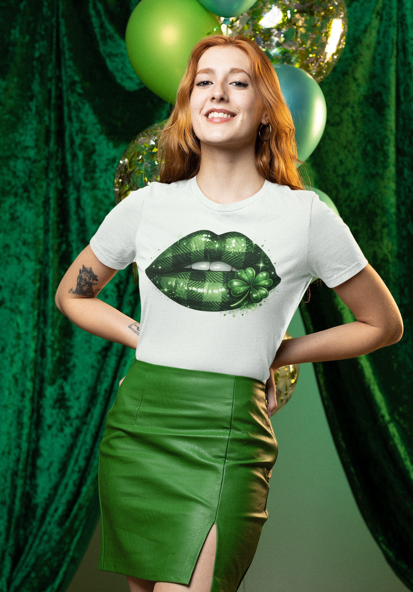 Sexy St Patrick’s Day Shirt for Women | Plaid Green Lips with Shamrock Graphic Tee | Lucky Irish Party Shirt | Girls Night Out Holiday Tee
