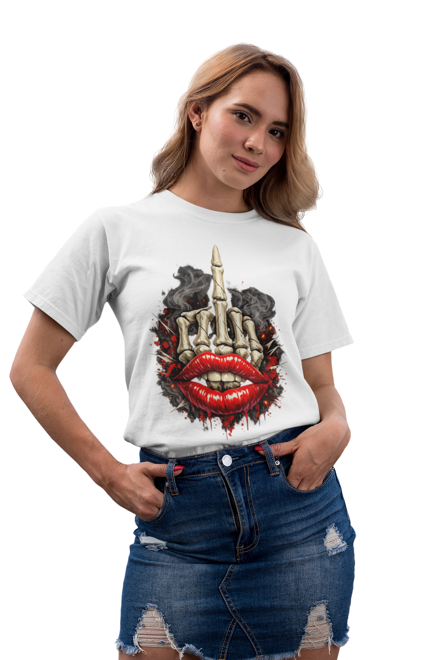Skeleton Middle Finger Lips Graphic T Shirt – Edgy Streetwear Skull Hand Tee, Bold Rebel Attitude Shirt
