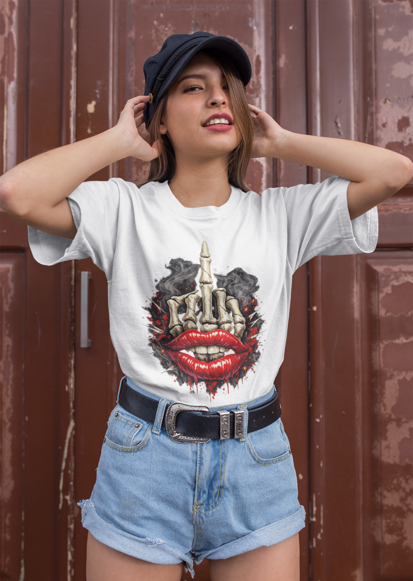 Skeleton Middle Finger Lips Graphic T Shirt – Edgy Streetwear Skull Hand Tee, Bold Rebel Attitude Shirt